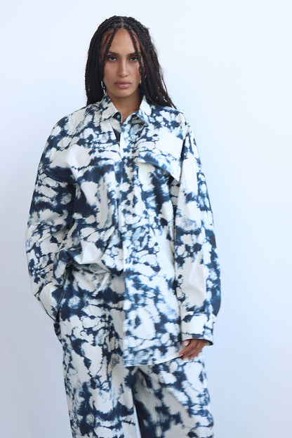 tie and dye print co-ord twin set in cotton with button down shirt and wide leg pants all unisex
