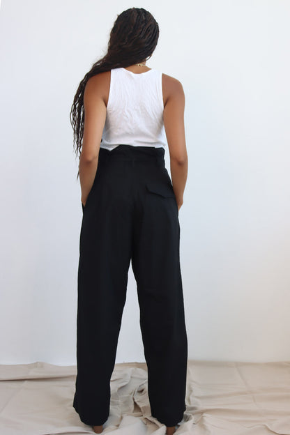 unisex paper-bag waist pant with wide leg and tie up