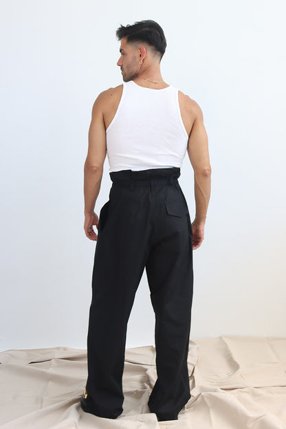 unisex paper-bag waist pant with wide leg and tie up