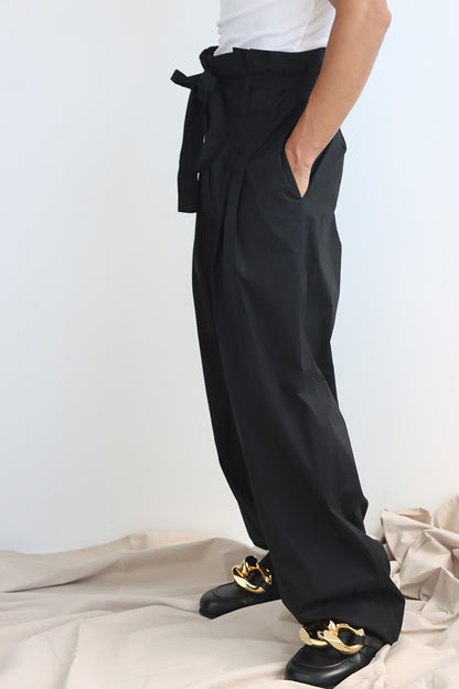 unisex paper-bag waist pant with wide leg and tie up