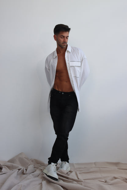 hand painted jacket shirt shacket with button down and long sleeves and front pocket with back pleat detail - can be worn as jacket, shirt or dress