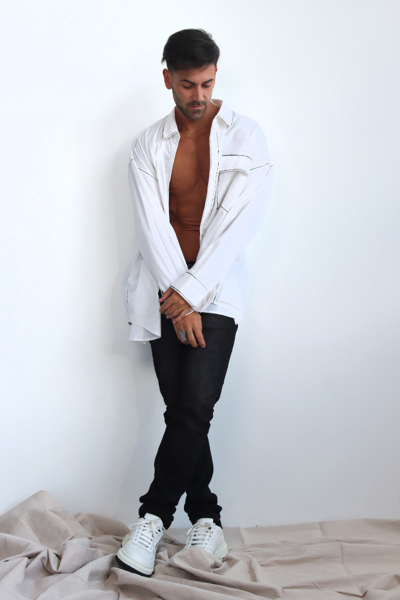hand painted jacket shirt shacket with button down and long sleeves and front pocket with back pleat detail - can be worn as jacket, shirt or dress