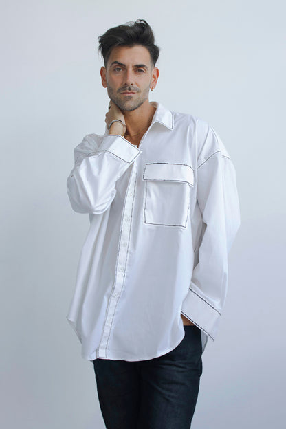 hand painted jacket shirt shacket with button down and long sleeves and front pocket with back pleat detail