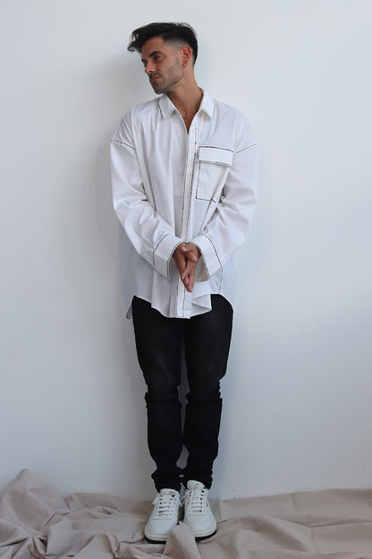 hand painted jacket shirt shacket with button down and long sleeves and front pocket with back pleat detail