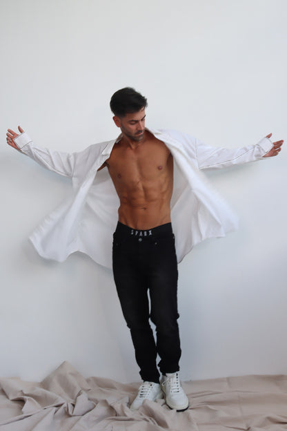 hand painted jacket shirt shacket with button down and long sleeves and front pocket with back pleat detail - can be worn as jacket, shirt or dress