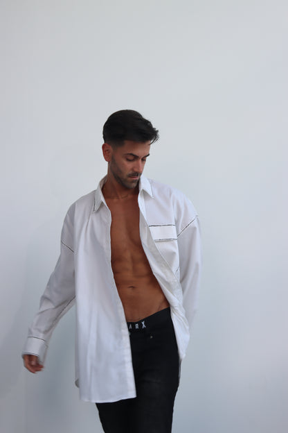 hand painted jacket shirt shacket with button down and long sleeves and front pocket with back pleat detail - can be worn as jacket, shirt or dress