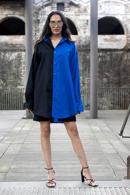 Two tone cobalt blue and black button down unisex shirt for oversize and plus size for women and men