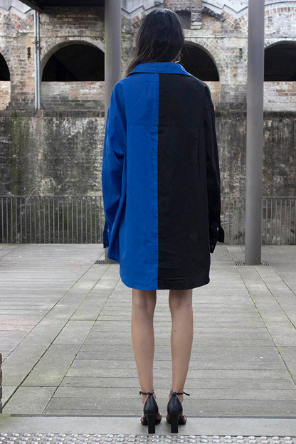 Two tone cobalt blue and black button down unisex shirt for oversize and plus size for women and men