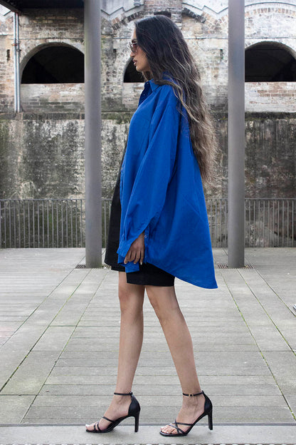 Two tone cobalt blue and black button down unisex shirt for oversize and plus size for women and men