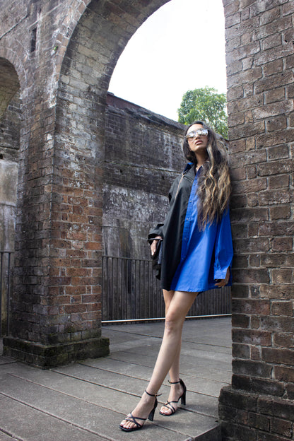 Two tone cobalt blue and black button down unisex shirt for oversize and plus size for women and men