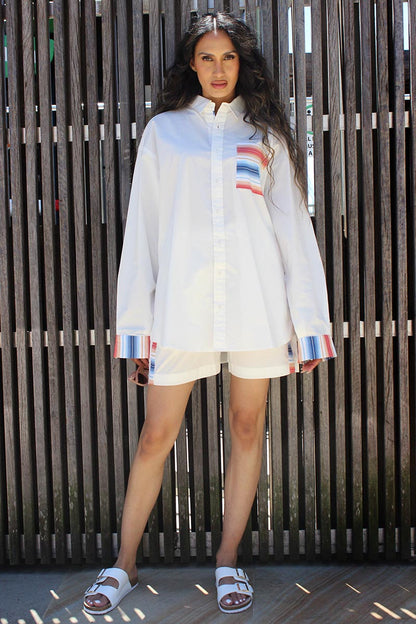 White Shirt and short twin set with contrasting stripe cuff and pocket and trim detail of the side of short and placket