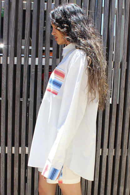 White Shirt and short twin set with contrasting stripe cuff and pocket and trim detail of the side of short and placket