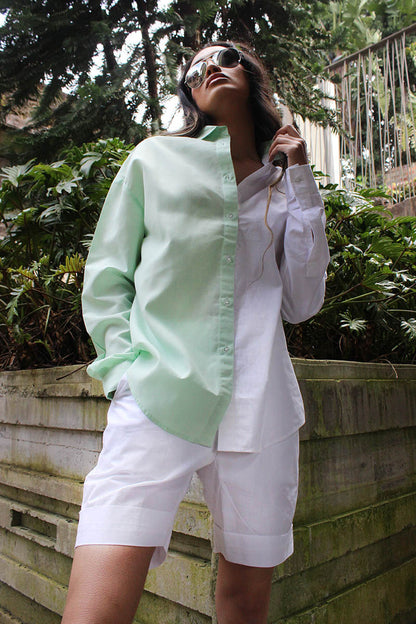 Two tone mint and white button down unisex shirt for oversize and plus size for women and men