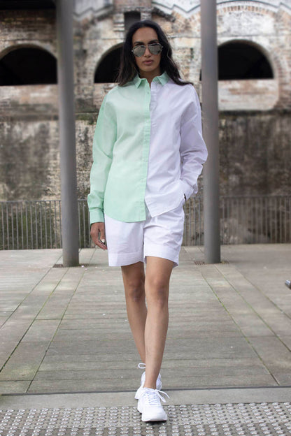 Two tone mint and white button down unisex shirt for oversize and plus size for women and men
