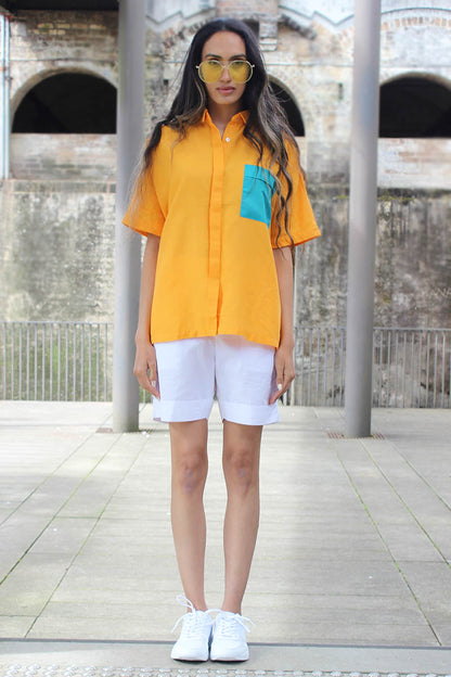 Yellow cropped button down unisex shirt for oversize and plus size for women and men