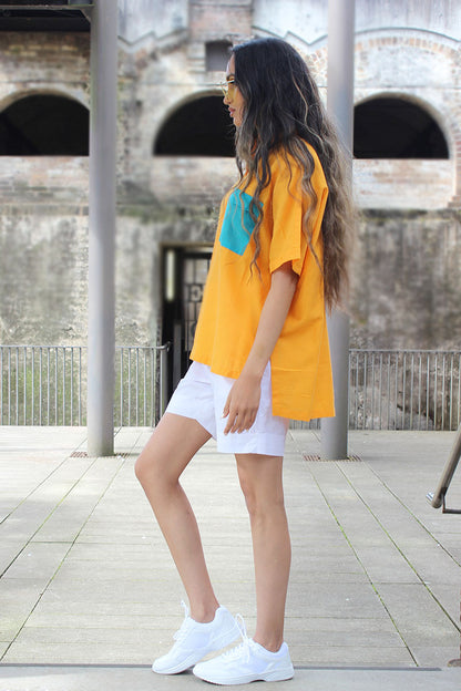 Yellow cropped button down unisex shirt for oversize and plus size for women and men