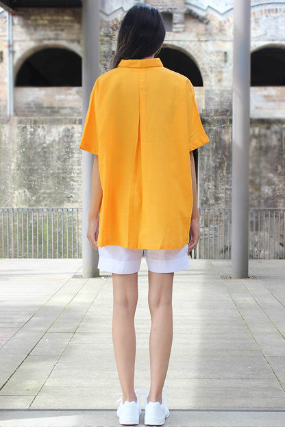 Yellow cropped button down unisex shirt for oversize and plus size for women and men