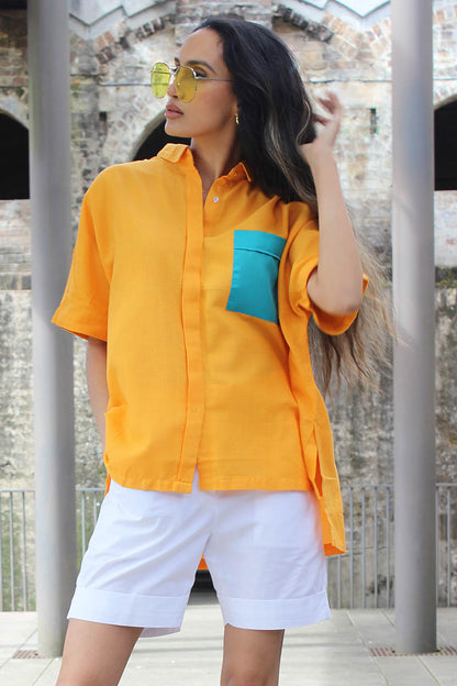 Yellow cropped button down unisex shirt for oversize and plus size for women and men