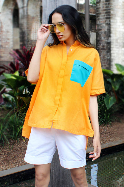 Yellow cropped button down unisex shirt for oversize and plus size for women and men